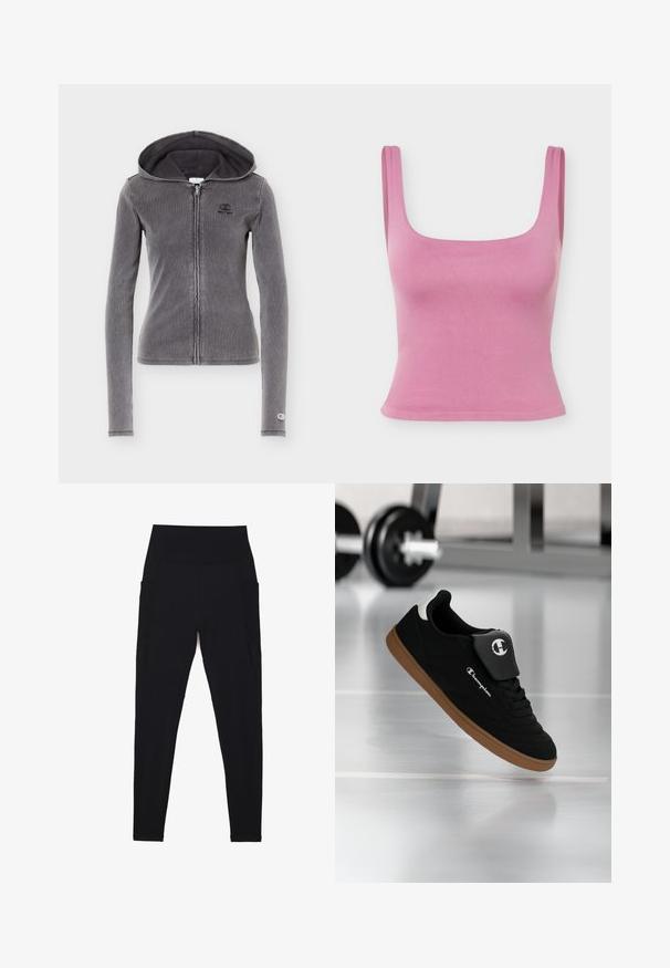 Sweat à capuche zippé près du corps de couleur gris foncé, manches longues, fermeture éclair frontale, petit logo sur la poitrine et le poignet, avec capuche attachée.; Haut court sans manches rose avec larges bretelles et décolleté carré sur un fond uni.; Leggings noirs avec une taille haute côtelée, un design sans coutures, des poches latérales et une texture lisse sur toute la surface.; Baskets Champion noires et marron suspendues en l'air dans une salle de sport avec un haltère flou en arrière-plan.