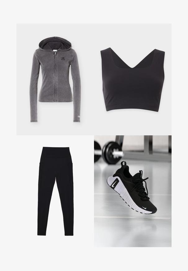 Sweat à capuche zippé près du corps de couleur gris foncé, manches longues, fermeture éclair frontale, petit logo sur la poitrine et le poignet, avec capuche attachée.; Crop top noir sans manches avec de larges bretelles et un profond décolleté en V sur un fond clair uni.; Leggings noirs avec une taille haute côtelée, un design sans coutures, des poches latérales et une texture lisse sur toute la surface.; Chaussure de sport noire avec une tige en tissu texturé, une semelle blanche et un système de laçage prononcé. Présente un logo Nike et un design doux et rembourré.