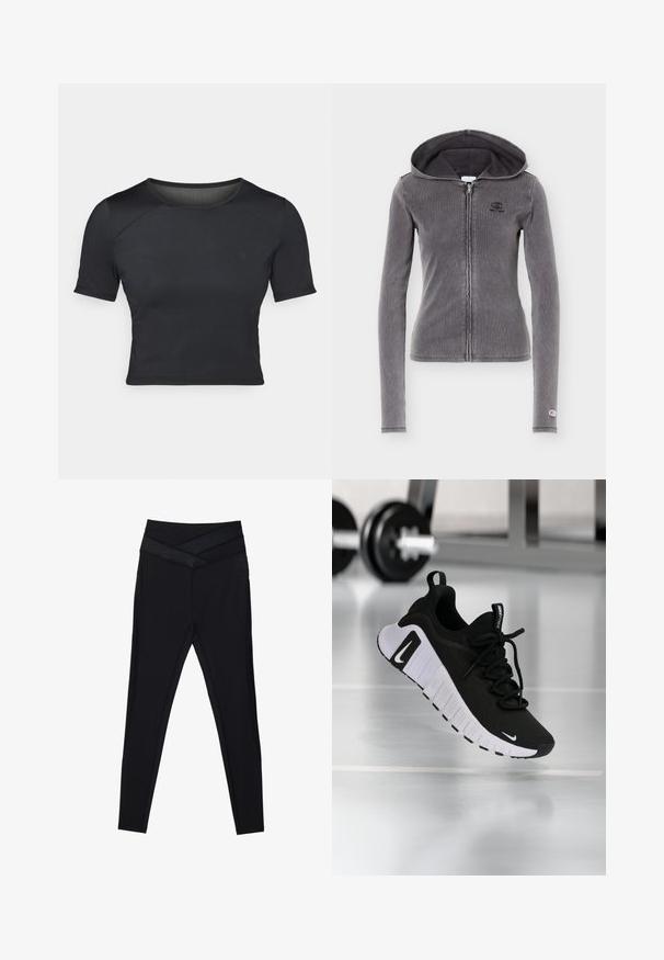 Donkere grijze nauwsluitende hoodie met ritssluiting, lange mouwen, ritssluiting aan de voorkant, klein logo op de borst en manchetten, en een aangehechte capuchon.; Zwarte korte mouwen crop top gemaakt van glad, rekbaar materiaal met een ronde halslijn en subtiele naaddetails op de schouders.; Zwarte legging met hoge taille, brede, gekruiste tailleband en een slanke pasvorm door de benen, op een witte achtergrond.; Zwarte sportschoen met een textuurstof bovenwerk, witte zool en een opvallend vetersysteem. Voorzien van een Nike-logo en een zacht, gedempt ontwerp.