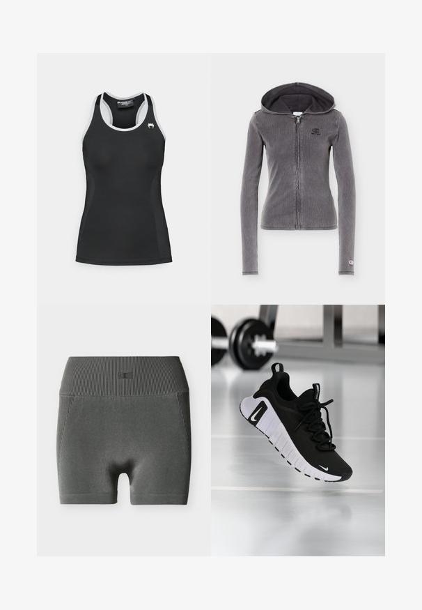 Sweat à capuche zippé près du corps de couleur gris foncé, manches longues, fermeture éclair frontale, petit logo sur la poitrine et le poignet, avec capuche attachée.; Débardeur de sport noir avec des accents blancs, design dos nageur, texture lisse, forme cintrée et un petit logo blanc sur la poitrine.; Shorts de cycliste à taille haute côtelés gris foncé avec un petit logo embossé sur la ceinture, présentés sur un fond blanc.; Chaussure de sport noire avec une tige en tissu texturé, une semelle blanche et un système de laçage prononcé. Présente un logo Nike et un design doux et rembourré.