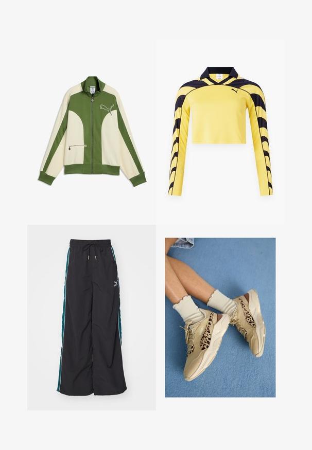 Πράσινο και εκρού μπουφάν Puma με φερμουάρ, μακριά μανίκια, γιακά όρθιο, φερμουάρ μπροστά, τσέπη με φερμουάρ και λογότυπο Puma στο στήθος.; Κίτρινο κοντό μπλουζάκι με μακριά μανίκια, με μαύρες λεπτομέρειες, πόλο γιακά και υφή που διαθέτει δυναμικό μοτίβο ρίγας. Περιλαμβάνει το λογότυπο της Puma.; Μαύρο παντελόνι σε φαρδιά γραμμή με ζωνάκι ρυθμιζόμενο, τιρκουάζ πλευρικές λωρίδες και λευκές διακοσμητικές γραμμές. Κατασκευασμένο από μαλακό, ελαφρύ υλικό.; Πόδια σταυρωμένα, φορώντας μπεζ αθλητικά παπούτσια Puma με ρίγες λεοπάρ και ριγέ κρεμ κάλτσες με βολάν, πάνω σε μπλε στρωμένο χαλί.