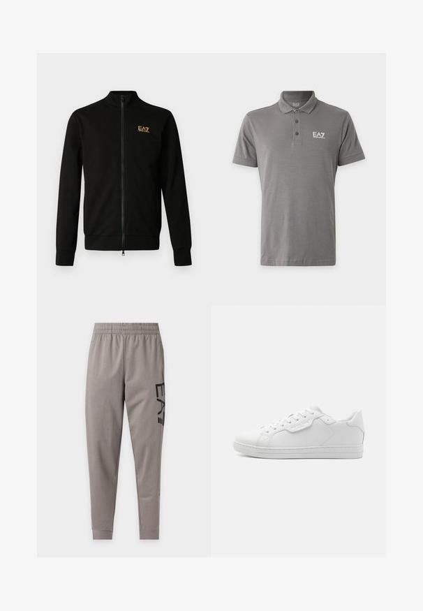 Sort lynlåsjakke lavet af blødt stof. Den har høj hals, lange ærmer og en lille gul logo på øverste venstre side.; Grå korteærmet polo med tre knapper og hvidt "EA7 Emporio Armani" logo på venstre bryst.; Lysegrå taperede joggingbukser med elastisk taljebånd og sort "E A7"-tekst trykt lodret på højre lår.; Hvide lædersneakers med afrundet tå, seks øjer, flade snørebånd og minimalistisk design. Har et lille logo på siden.