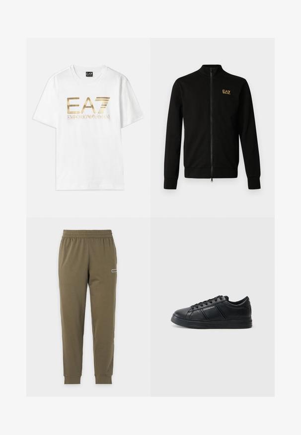 Sort lynlåsjakke lavet af blødt stof. Den har høj hals, lange ærmer og en lille gul logo på øverste venstre side.; Hvid bomulds t-shirt med et stort guldmetallic "EA7" logo og teksten "EMPORIO ARMANI" nedenunder, med korte ærmer og rund hals.; Olivengrønne joggebukser med elastik i taljen, opsmøgede ankler og lille EA7-logo på højre lår.; Sorte lædersneakers med en glat finish, rund tå, snørebånd foran, polstret krave og teksturerede sideaccenter. Subtile logo-detaljer synlige.