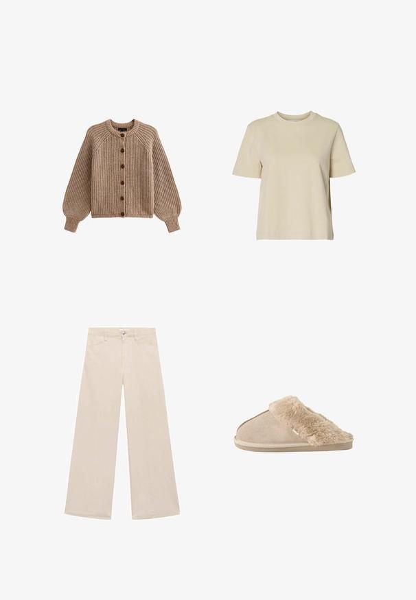 Beige gebreide cardigan met een ronde hals, knoopsluiting en poefmouwen. Heeft een geribbeld patroon en vijf bruine knopen.; Selected SLWESSENTIAL SS BOXY TEE NOOS - T-shirt basic - oatmeal; Beige wijde pantalons van een katoenmix. Voorzien van zijzakken en een enkele metalen knoopsluiting aan de taille. Glad textuur.; Beige instappantoffel met zachte suède buitenkant en een zachte, pluizige voering en boord, ontworpen voor binnencomfort.