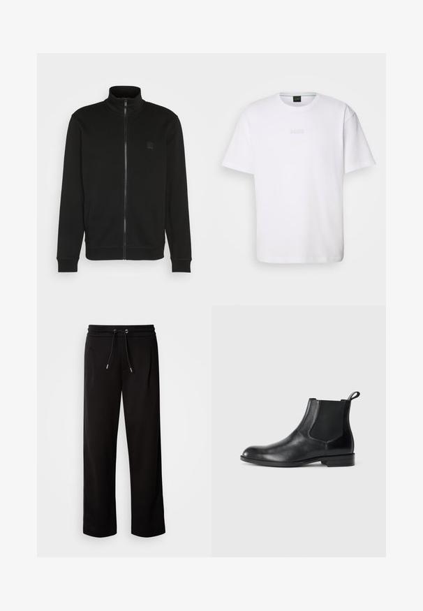 Schwarze Zip-Jacke mit hohem Kragen, aus glattem Stoff gefertigt. Verfügt über ein kleines Logo-Patch auf der Brust sowie gerippte Bündchen und Saum für eine taillierte Passform.; Weißes Baumwoll-T-Shirt mit kurzen Ärmeln, rundem Ausschnitt und geprägtem "BOSS"-Logo auf der Brust. Glatte Textur, normale Passform.; Schwarze, lockere Sweatpants aus weichem Stoff, mit einem elastischen Bund und Zugband sowie seitlichen Taschen.; Schwarze Leder-Stiefelette mit elastischen Seiteneinsätzen, abgerundeter Zehenpartie und einem Zugschlauf. Glatte Textur, flache Sohle, minimalistisches Design.