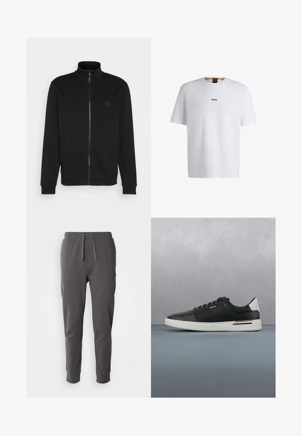 Sort zip-up jakke med høj krave, lavet af glat stof. Har et lille logo-patch på brystet og ribbede manchetter og kant for et tætsiddende look.; Hvid bomuld T-shirt med korte ærmer, med et sort "BOSS" logo centreret på brystet og en rund halsudskæring.; Grå joggebukser lavet af blød stof med snor i taljen, har sidelommer og et tapered ankel design.; Sort lædersneaker med hvid sål, har perforeringer, snørebåndsdesign, logo på siden og kontrasterende hældetalje i hvid og brun.