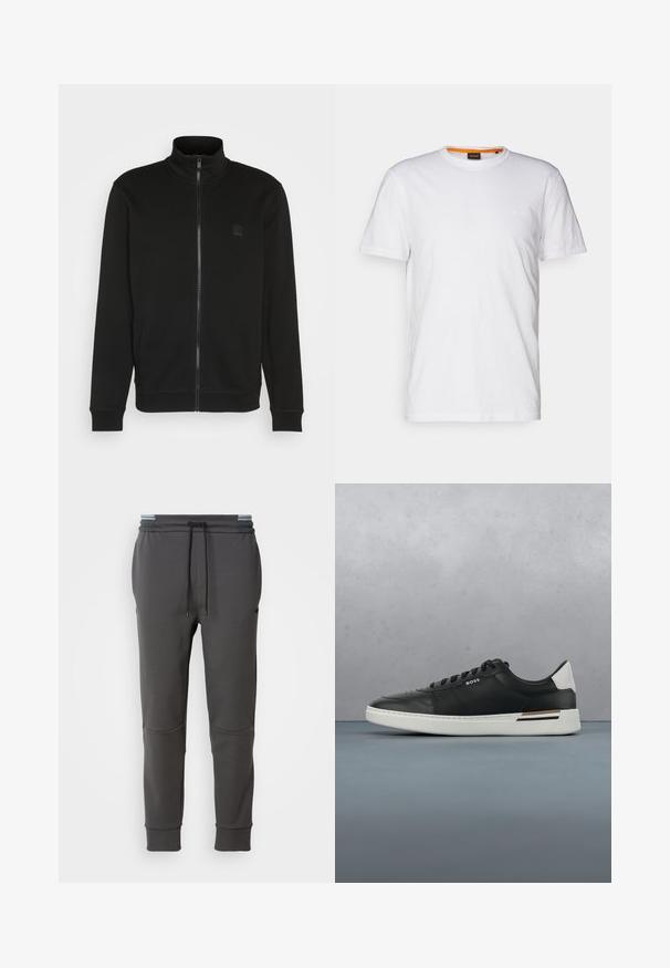 Zwarte ritsjack met hoge kraag, gemaakt van een gladde stof. Heeft een klein logo op de borst en ribgebreide manchetten en onderkant voor een slim fit.; Witte katoenen T-shirt met ronde hals, korte mouwen en een subtiel reliëflogo op de borst. Het binnenlabel heeft een oranje accent.; Hematietgrijze sweatpants met elastische tailleband, verstelbare trekkoord, zijzakken en ribgebreide boorden. Glad textuur en strakke pasvorm.; Zwarte leren sneaker met witte zool, voorzien van perforaties, vetersluiting, logo aan de zijkant en contrasterend hieldetail in wit en bruin.