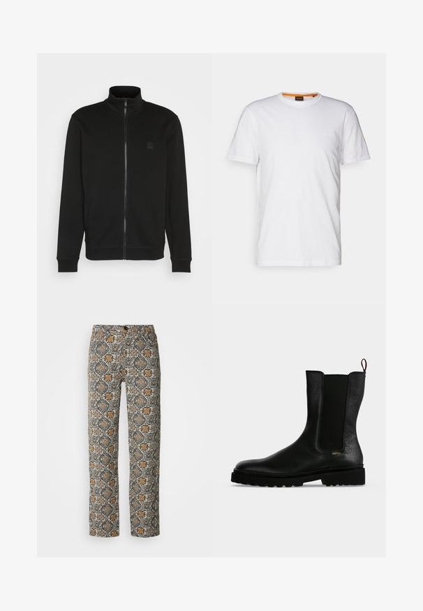 Zwarte ritsjack met hoge kraag, gemaakt van een gladde stof. Heeft een klein logo op de borst en ribgebreide manchetten en onderkant voor een slim fit.; Witte katoenen T-shirt met ronde hals, korte mouwen en een subtiel reliëflogo op de borst. Het binnenlabel heeft een oranje accent.; Bloemmotief broeken in beige, zwart en oranje. Gemaakt van lichtgewicht stof, met een rechte snit en een knoopsluiting.; Zwarte leren enkellaars met elastisch zijpaneel, dikke zool en treklus aan de achterkant, met een klein gouden "Hugo" logo vlak bij de hiel.