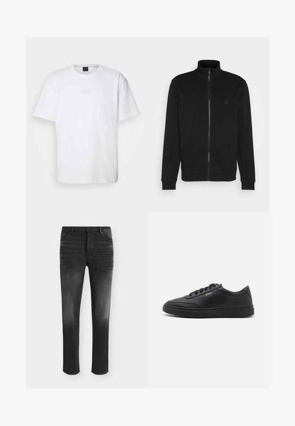 Chaqueta negra de cremallera con cuello alto, hecha de una tela suave. Presenta un pequeño parche de logotipo en el pecho y puños y dobladillo acanalados para un ajuste ceñido.; Camiseta de algodón blanca de manga corta, con escote redondo y logotipo grabado de "BOSS" en el pecho. Textura suave, ajuste estándar.; Vaqueros negros de corte ajustado con detalles desgastados, estilo de cinco bolsillos y cierre con botón en la cintura.; Zapatillas de cuero negro con una textura suave, punta redondeada, suela plana de goma y cordones a tono. Presentan el logotipo dorado "BOSS" en el lateral.