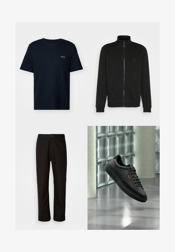 Zwarte ritsjack met hoge kraag, gemaakt van een gladde stof. Heeft een klein logo op de borst en ribgebreide manchetten en onderkant voor een slim fit.; Donkerblauwe katoenen T-shirt met een geribbelde textuur, korte mouwen en een klein wit "BOSS" logo op de linkerkant van de borst. Eenvoudig ontwerp met ronde hals.; Zwarte katoenen broek met een rechte snit, riemlussen, een ritssluiting aan de voorkant en een enkele knoopsluiting. Soepele textuur zonder zichtbare patronen.; Zwarte leren lage sneaker met zwarte veters en gouden "BOSS"-logo, zwevend in de lucht tegen een glasblokmuur en grijze vloer.