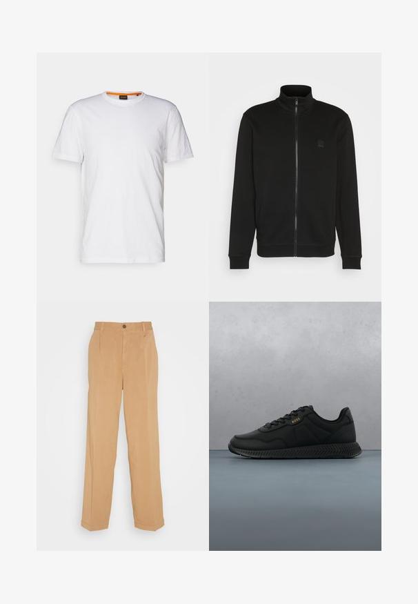 Zwarte ritsjack met hoge kraag, gemaakt van een gladde stof. Heeft een klein logo op de borst en ribgebreide manchetten en onderkant voor een slim fit.; Witte katoenen T-shirt met ronde hals, korte mouwen en een subtiel reliëflogo op de borst. Het binnenlabel heeft een oranje accent.; Beige wijde broek van zacht materiaal, voorzien van twee voorzakken, een knoopsluiting en plooidetails langs de benen.; Zwarte sportieve sneakers met een soepele textiele bovenkant, rubberen zool en subtiele reliëfdetails. Voorzien van een vetersluiting en minimale branding.