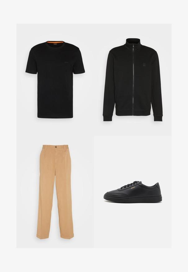 Chaqueta negra de cremallera con cuello alto, hecha de una tela suave. Presenta un pequeño parche de logotipo en el pecho y puños y dobladillo acanalados para un ajuste ceñido.; Camiseta negra de manga corta hecha de una tela suave, con un escote redondo y un logo discreto en la parte delantera. El interior del cuello tiene un acento naranja.; Pantalones de pierna ancha en beige, fabricados con tejido suave, que cuentan con dos bolsillos frontales, un cierre de botón y detalles de pliegues a lo largo de las piernas.; Zapatillas de cuero negro con una textura suave, punta redondeada, suela plana de goma y cordones a tono. Presentan el logotipo dorado "BOSS" en el lateral.
