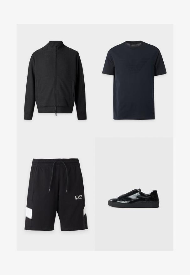 Veste noire zippée, manches longues, deux poches avant et col montant, présentée sur un fond clair uni.; T-shirt noir à manches courtes avec col rond, comportant un logo aigle en relief discret sur la poitrine et une étiquette de marque à l'intérieur du col.; Short de sport noir avec taille élastique et cordon, bandes blanches inclinées sur les côtés et logo blanc EA7 Emporio Armani sur la jambe droite.; Baskets en cuir verni noir avec un bout arrondi, un laçage, une semelle en caoutchouc texturé et une finition lisse.