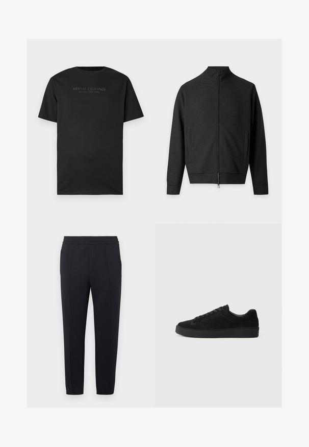 Veste noire zippée, manches longues, deux poches avant et col montant, présentée sur un fond clair uni.; T-shirt noir à manches courtes avec col rond, portant "ARMANI EXCHANGE MILANO / NEW YORK" imprimé en petites lettres gris foncé sur la poitrine.; Pantalon de jogging noir avec une taille élastique, des jambes fuselées, des poches latérales et une texture de tissu lisse. Présente des détails cousus le long des coutures.; Basket en suède noire avec une semelle plate et texturée, un bout rond, six œillets pour les lacets et un design minimaliste.