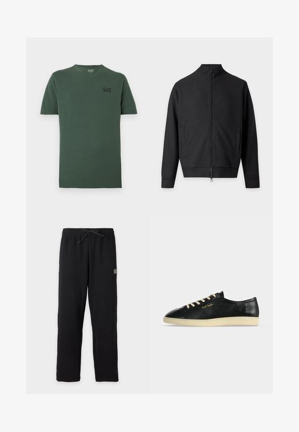 Veste noire zippée, manches longues, deux poches avant et col montant, présentée sur un fond clair uni.; T-shirt manches courtes vert foncé à col en V avec petit logo noir EA7 Emporio Armani sur la poitrine gauche.; Pantalon de survêtement noir avec taille élastique et cordon, avec un petit patch logo EA7 rectangulaire sur la partie supérieure de la cuisse gauche.; Baskets basses en cuir noir avec semelle crème et lacets, logo doré "Paul Smith" sur le côté, et symbole embossé près du talon.