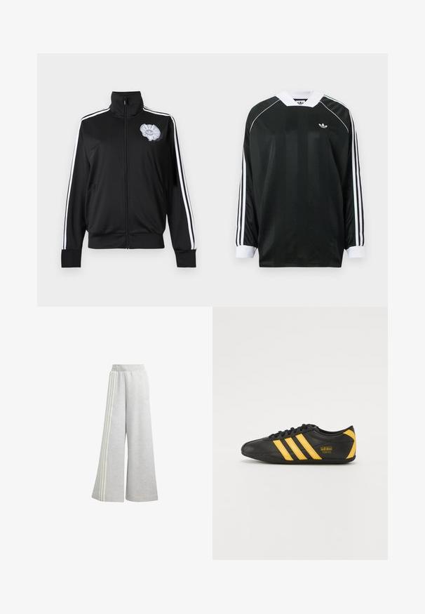 Zwarte trainingsjas met ritssluiting, witte strepen op de mouwen en een grijs Adidas trefoil-logo met ruches op de borst.; Zwart shirt met lange mouwen en een V-hals, met verticale strepen, witte accenten en drie witte strepen op elke mouw. Klein logo op de borst.; Lichtgrijze wijdvallende sweatpants van zachte stof, met aan elke kant drie witte strepen en een elastische tailleband.; Zwarte leren sportschoen met geel drie-strepen ontwerp, ronde neus, zwarte veters en klein logo aan de zijkant. Laag profiel silhouet.