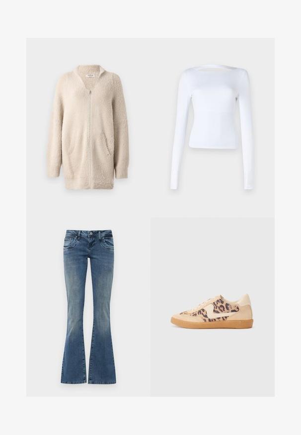 Beige Reißverschluss-Cardigan aus weichem, flauschigem Material. Verfügt über einen V-Ausschnitt, zwei Vorderaschen und lange Ärmel. Einfaches, strukturiertes Design.; Weißes Langarmtop mit quadratischem Ausschnitt und Ausschnittdetails auf der Rückseite. Hergestellt aus einem glatten, dehnbaren Stoff. Enganliegendes Design.; Ausgeweitete blaue Jeans aus Denim mit einer ausgewaschenen Optik, ausgestattet mit Fronttaschen, einem Knopfverschluss und dezenten Abnutzungen am Knie.; Löwenmuster-Sneaker mit beige Wildleder-Obermaterial, tanfarbener Gummisohle und weißen Akzenten. Runde Zehenform und Schnürdesign mit strukturiertem Finish.