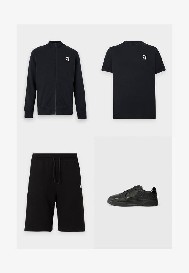 Black zip-up jacket with high collar, long sleeves, and small white stylized figure with sunglasses on upper left chest.; Black short-sleeve t-shirt with small white cartoon face wearing black sunglasses on the left chest.; Black knee-length shorts with elastic waistband and drawstring, featuring small white logo text on the right thigh.; Black low-top sneaker with textured panels, lace-up front, rubber sole, and "KARL" branding on side and heel tab.