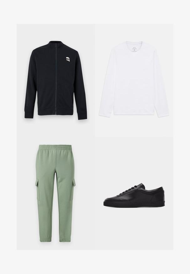 Chaqueta negra con cremallera, cuello alto, mangas largas y pequeña figura blanca estilizada con gafas de sol en la parte superior izquierda del pecho.; Camisa blanca de manga larga con cuello redondo y el logo de Armani Exchange impreso en el interior del cuello, talla mediana.; Pantalones de chándal verde claro con cintura elástica, piernas ajustadas y dos bolsillos laterales tipo cargo. Hechos de una tela suave y transpirable.; Zapatilla baja negra de cuero con cordones en la parte delantera y suela plana de goma, mostrada de perfil sobre un fondo blanco liso.