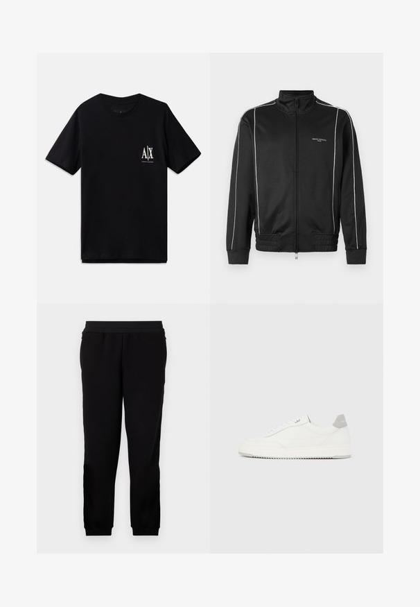Chaqueta negra con cremallera, hecha de una tela suave, con rayas laterales blancas, puños acanalados y un cuello alzado. Logotipo en la parte frontal.; Camiseta de manga corta negra de algodón, con un pequeño logo blanco en el lado izquierdo del pecho. Diseño simple de cuello redondo, textura suave.; Pantalones de chándal negros hechos de un material suave, con una banda elástica en la cintura, puños ajustados y bolsillos laterales para mayor comodidad.; Zapatilla blanca de corte bajo con pestaña en el talón gris, cordones blancos y suela texturizada, presentada sobre un fondo claro y liso.
