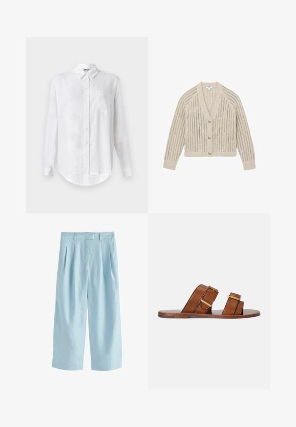 Beige strikket cardigan med hulmønster, lange ærmer, ribkant ved manchetter og bund samt tre runde knapper foran.; Hvid langærmet skjorte lavet af hør med button-down krave, enkelt brystlomme og afrundet nederste kant. Har standard frontlukning med knapper.; Lyseblå bukser med vide ben, højtaljede, med forhøjet læg, bæltestropper og skjult frontlukning.; Brune læder slidesandaler med to justerbare stropper, spænder i guldfarve og en flad træsål.