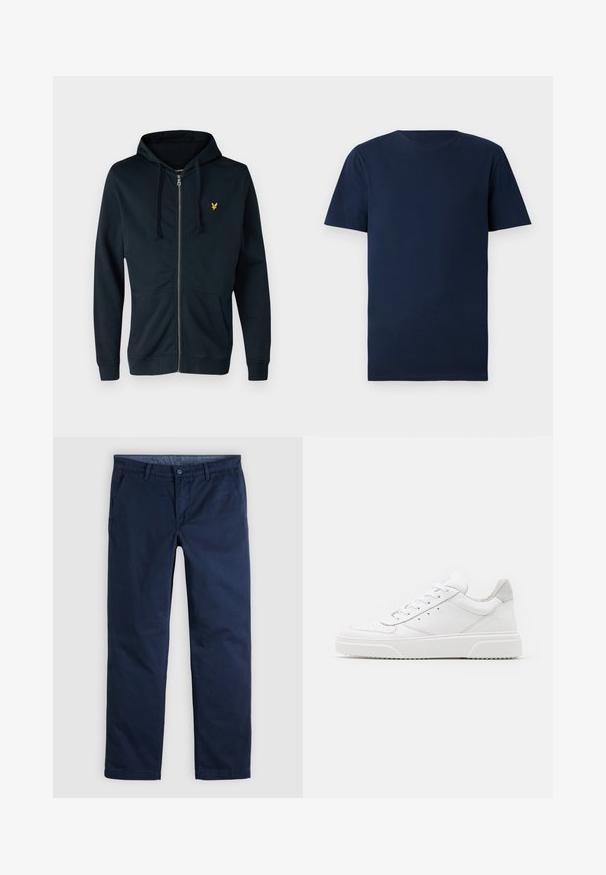 Sweat à zip navy en tissu doux, avec une poche avant, un capuchon ajustable à cordon de serrage et un petit logo jaune sur la poitrine gauche.; T-shirt en coton bleu marine à manches courtes, col rond et coupe standard. Texture lisse, sans motifs ni matériel visible.; Pantalon décontracté pour homme, coupe droite, bleu foncé, avec passants pour ceinture et poches latérales avant, présenté à plat sur un fond neutre.; Des baskets en cuir blanc avec une finition lisse, un bout rond, des lacets plats et une semelle texturée. Accents en daim gris au niveau du talon.