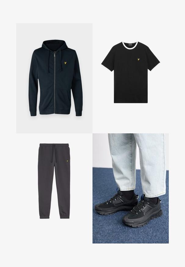 Marineblå zip-up hoodie lavet af blødt stof, med en frontlomme, justerbar snøre i hætte og et lille gult logo på venstre bryst.; Sort T-shirt med hvid krave og ærmekanter, lavet af bomuld. Har en lille gul broderet ørnelogo på brystet.; Mørkegrå sweatpants lavet af blød stof, med en elastisk talje med snøre, afsluttede ankler og et lille gult logo på venstre lår.; Sorte træningssko med tekstureret stof og gummisåler, udstyret med elastiske snørebånd og en blå detalje på hælen. Bæres med lyse denimbukser.