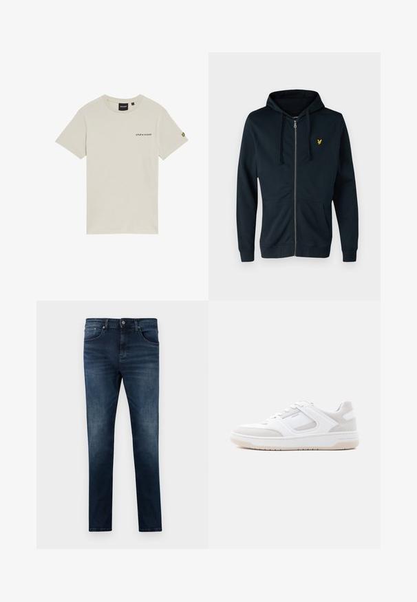 Sudadera con cremallera en color navy, hecha de una tela suave, que cuenta con un bolsillo frontal, capucha con cordón ajustable y un pequeño logo amarillo en el lado izquierdo del pecho.; Camiseta de algodón beige con cuello redondo, mangas cortas y un pequeño logo "LYLE & SCOTT" impreso en el pecho. Presenta un logo bordado en la manga.; Jeans de mezclilla azul oscuro con un corte slim, que presentan un diseño de pierna recta, cinco bolsillos y detalles en metal plateado. Textura de tela desteñida.; Zapatilla de perfil bajo en blanco y beige claro con cierre de cordones, cuello acolchado y suela de goma sobre un fondo claro y liso.