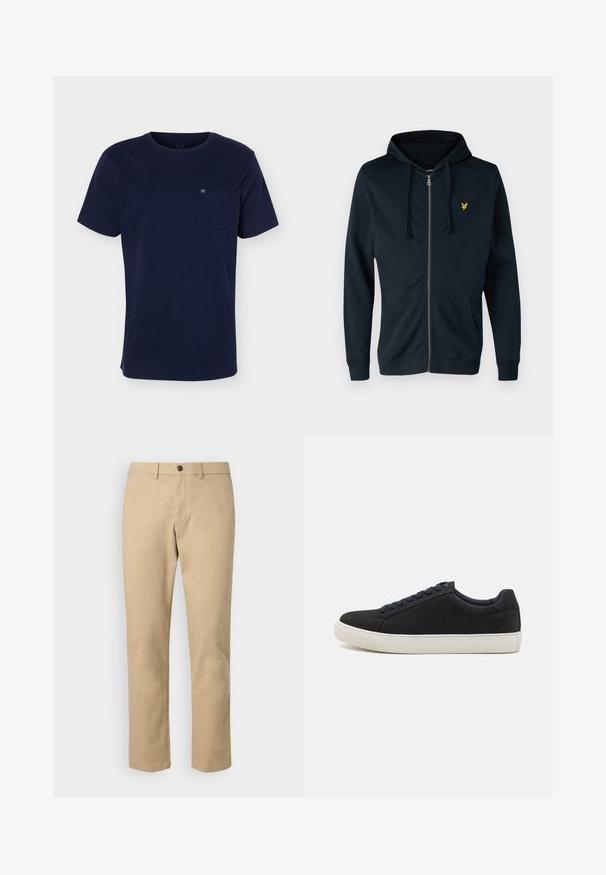Marineblå zip-up hoodie lavet af blødt stof, med en frontlomme, justerbar snøre i hætte og et lille gult logo på venstre bryst.; Marineblå T-shirt med korte ærmer og rund halsudskæring med en brystlomme med et lille logo på en ensfarvet baggrund.; GAP SLIM PERFORMANCE STRETCH - Chino - khaki; Sorte ruskinds sneakers med rund tå, hvid gummisål, kontrasterende blå snørebånd og en glat overflade. Minimalistisk design uden synligt logo.