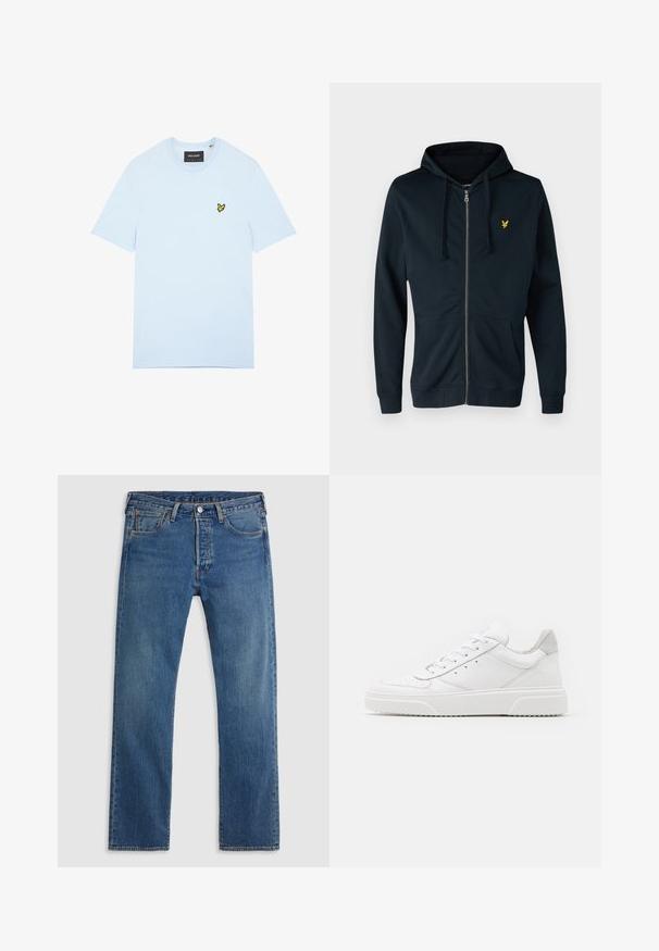 Marineblaue Kapuzenjacke mit Reißverschluss aus weichem Material, ausgestattet mit einer Fronttasche, einer verstellbaren Kapuze mit Zugband und einem kleinen gelben Logo auf der linken Brust.; Hellblaues Baumwoll-T-Shirt mit Rundhalsausschnitt, mit einem kleinen gelben Vogel-Logo auf der linken Brust gestickt. Kurze Ärmel, unifarben.; Blaue geradlinige Jeans aus Denim mit fünf Taschen, Gürtelschlaufen sowie einem Verschluss mit Knopf und Reißverschluss auf einem schlichten Hintergrund.; Weiße Leder-Sneaker mit glatter Oberfläche, rundem Zehenbereich, flachen Schnürsenkeln und strukturiertem Schuhsohlen. Graues Wildleder-Detail an der Ferse.