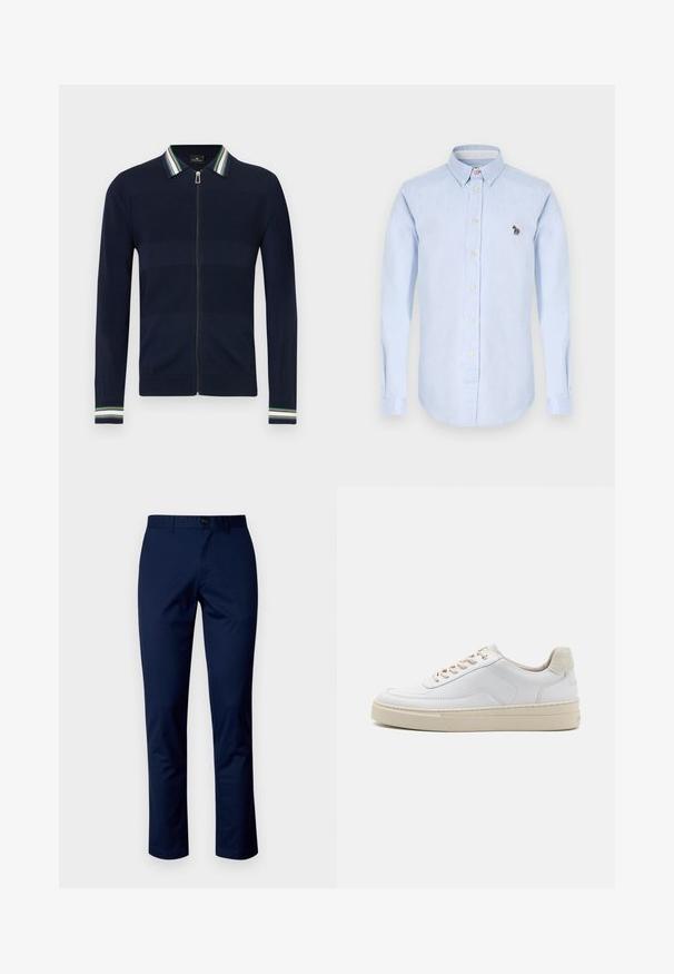Marineblå cardigan med lynlås og stribet krave i grøn, blå og hvid. Har et tekstureret design og lange ærmer med stribede detaljer ved manchetterne.; Lysblå skjorte med lange ærmer, krave, frontknapper og en lille broderet zebra detalje på brystet.; Mørkeblå bomuldsbukser med et lige ben design, der har en frontknaplukning, bæltestropper og rene sømme. Glat tekstur uden mønstre.; Hvide sneakers med en glat læderoverdel, beige snørebånd og en tekstureret beige ruskindsheel-tab. Hævet sål for ekstra højde.