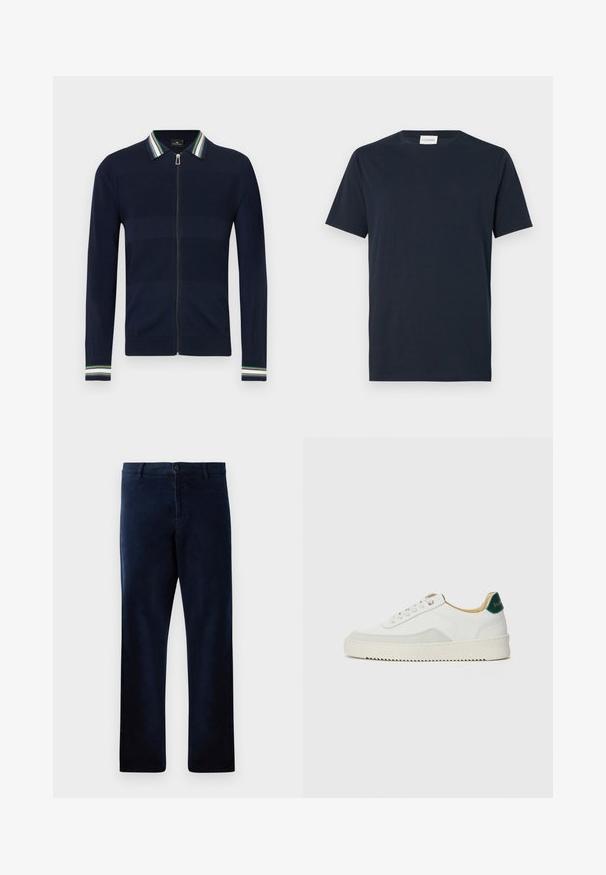 Cardigan bleu marine à fermeture éclair avec col rayé vert, bleu et blanc. Présente un design texturé et des manches longues avec des accents rayés aux poignets.; T-shirt à manches courtes bleu marine en coton doux. Il présente un col rond et un design simple et épuré sans motifs ni accents.; Pantalons bleu marine en tissu doux et texturé, avec une fermeture à bouton et une coupe droite, dotés de détails de couture subtils.; Baskets blanches avec des accents en daim, bout arrondi, lacets plats et semelle en caoutchouc crème. Présente une marque verte sur le talon.