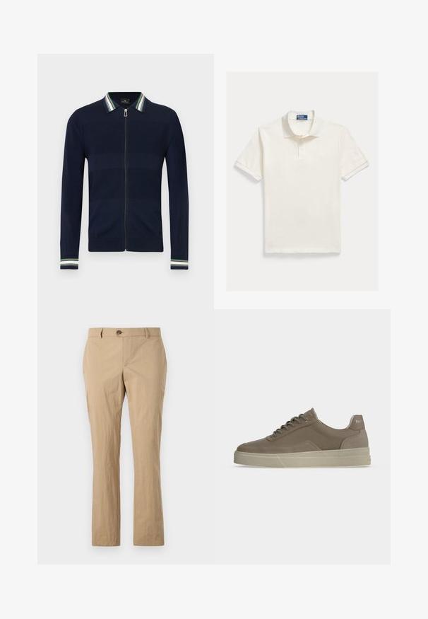Marineblå cardigan med lynlås og stribet krave i grøn, blå og hvid. Har et tekstureret design og lange ærmer med stribede detaljer ved manchetterne.; Kortærmet poloshirt i creme, lavet af tekstureret bomuld, med ribbet hals, tre-knaps stolpelukning og en lille logo ved kanten.; Beige bomuldsbukser med lige ben, med knaplukning, bæltestropper og en glat tekstur. Ingen synlige mønstre.; Lavt taupefarvet sneakers med snørebånd foran, polstret hæl og tyk beige sål, vist i sideprofil på ensfarvet baggrund.