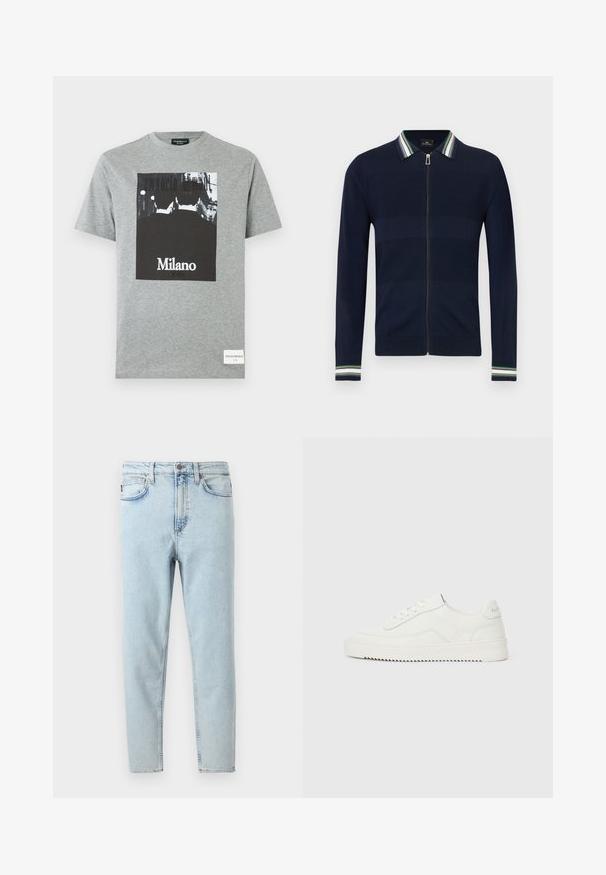 Marineblå cardigan med lynlås og stribet krave i grøn, blå og hvid. Har et tekstureret design og lange ærmer med stribede detaljer ved manchetterne.; Grå bomulds T-shirt med et sort-hvidt grafisk print med teksten "Milano". Korte ærmer og rund halsudskæring, standard pasform.; Lyseblå højtsiddende slim-fit jeans med forreste knap, lynlås, for- og baglommer, vist på hvid baggrund.; Hvid lavskoet lædersneaker med snørelukning, tekstureret hælkappe og let rillede hvide gummisål på en ensfarvet lys baggrund.