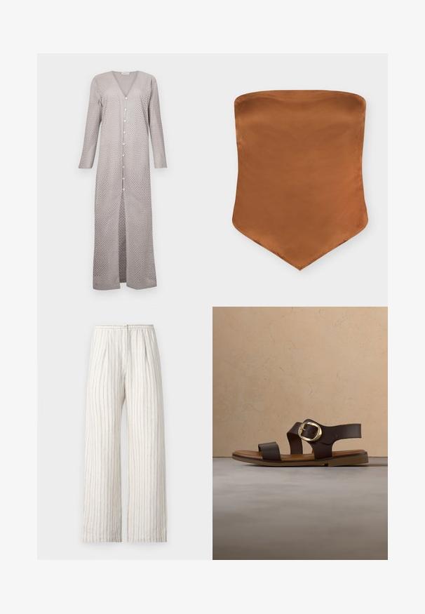 Robe longue gris clair avec un décolleté en V, des manches longues et un devant à boutons. Le tissu présente un motif à pois découpés, une silhouette fluide et des fentes sur les côtés.; Haut bustier en satin marron avec un ourlet pointu et un design simple et lisse sur fond blanc.; Samsøe Samsøe SATOVE TROUSERS - Pantalon classique - egret; Sandale en cuir marron avec des larges brides et une grande boucle dorée, flottant au-dessus d'un tapis beige texturé près d'une table basse en bois.