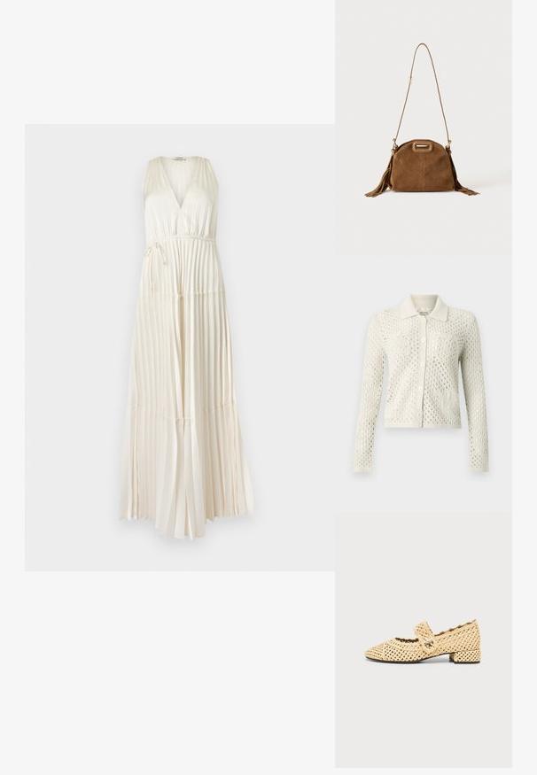 Cardigan en maille écru boutonné, manches longues, deux poches avant et col classique avec motif en maille.; Robe maxi ivoire sans manches avec col en V, jupe plissée et détail ceinture ajustable à nouer sur le côté.; Chaussure Mary Jane tissée beige avec un petit talon bloc et une bride à boucle sur le dessus sur un fond uni.; Sac à épaule en daim marron avec une longue bandoulière, une découpe rectangulaire de la poignée et des détails à pompons sur les côtés sur fond blanc.