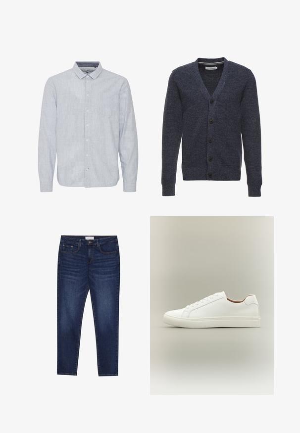 Cardigan bleu marine en tissu texturé, avec un col en V, des manches longues et cinq boutons marron à l'avant.; Chemise bleu clair à manches longues avec des rayures verticales blanches, col, poche poitrine simple et option de manches retroussées. Tissu en coton.; Jean slim-fit bleu foncé avec cinq poches, fermeture à bouton et couture contrastante, étiqueté Pier One à la taille.; Baskets blanches basses avec fermeture à lacets et semelle plate, vues de côté sur un fond neutre.
