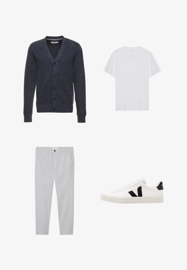 Cardigan bleu marine en tissu texturé, avec un col en V, des manches longues et cinq boutons marron à l'avant.; T-shirt en coton blanc à manches courtes, col rond et texture lisse. Présente un branding minimal au niveau du col.; Pantalons gris clair en tissu doux, avec une coupe ajustée, deux poches avant, une fermeture à bouton et des détails de texture subtils.; Sneaker blanche en cuir avec des accents en daim noir ; dispose d'une semelle en caoutchouc, d'un bout rond et d'un design classique à lacets. Logo latéral en noir.