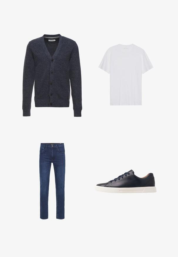 Cárdigan azul marino hecho de una tela texturizada, con cuello en V, mangas largas y cinco botones marrones a lo largo del frente.; Camiseta de algodón blanca con mangas cortas, cuello redondo y una textura suave. Presenta una marca mínima en el escote.; Vaqueros de mezclilla azul oscuro con un diseño de pierna recta, cinco pockets y un clásico cierre de botón. Textura suave con detalles de desvanecimiento sutil.; Zapatillas de cuero azul marino con un acabado suave, suela plana de goma blanca, puntera redonda y seis cordones azul marino pasados por ojales redondos.