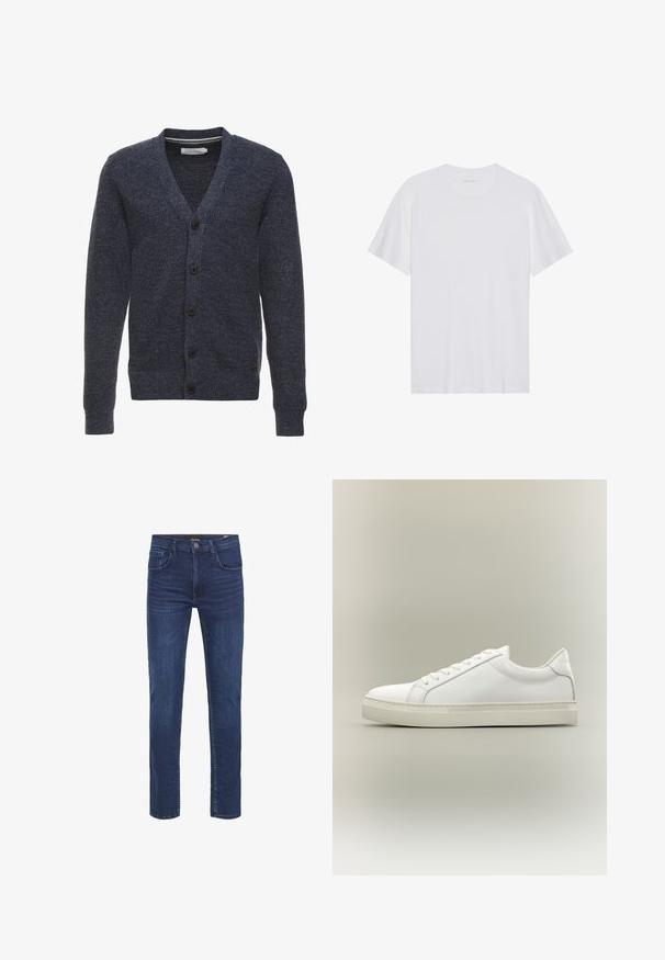 Cárdigan azul marino hecho de una tela texturizada, con cuello en V, mangas largas y cinco botones marrones a lo largo del frente.; Camiseta de algodón blanca con mangas cortas, cuello redondo y una textura suave. Presenta una marca mínima en el escote.; Vaqueros de mezclilla azul oscuro con un diseño de pierna recta, cinco pockets y un clásico cierre de botón. Textura suave con detalles de desvanecimiento sutil.; Zapatilla blanca de perfil bajo con cordones en la parte delantera y suela gruesa, mostrada de lado sobre un fondo neutro.