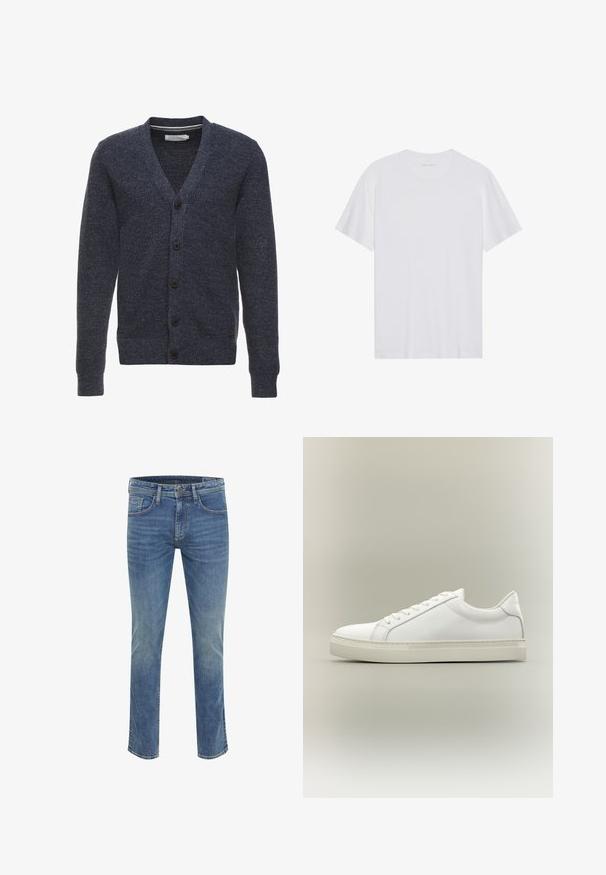 Cardigan bleu marine en tissu texturé, avec un col en V, des manches longues et cinq boutons marron à l'avant.; T-shirt en coton blanc à manches courtes, col rond et texture lisse. Présente un branding minimal au niveau du col.; Jean en denim bleu coupe slim, doté de cinq poches, fermeture avant à boutons et légère décoloration pour texture et détails.; Baskets blanches basses à lacets sur l’avant et semelle épaisse, vues de côté sur un fond neutre.