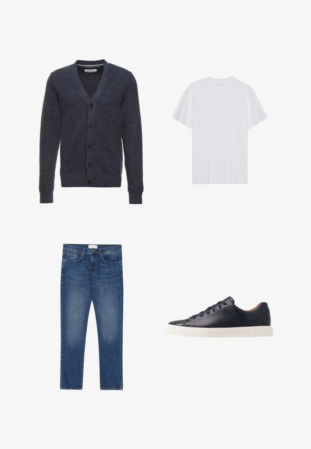 Marineblauer Cardigan aus strukturiertem Stoff, mit V-Ausschnitt, langen Ärmeln und fünf braunen Knöpfen auf der Vorderseite.; Weißes Baumwoll-T-Shirt mit kurzen Ärmeln, Rundhalsausschnitt und glatter Textur. Verfügt über eine minimale Markenkennzeichnung am Halsausschnitt.; Herren Jeans aus blauem Denim mit geradem Schnitt, fünf Taschen, leichtem Verwaschungsdetail sowie einem standardmäßigen Knopf- und Reißverschluss.; Marineblaue Ledersneaker mit glatter Oberfläche, flacher weißer Gummisohle, runder Zehenpartie und sechs marineblauen Schnürsenkeln, die durch runde Ösen gefädelt sind.