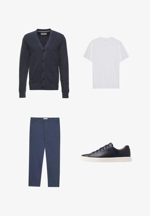 Cárdigan azul marino hecho de una tela texturizada, con cuello en V, mangas largas y cinco botones marrones a lo largo del frente.; Camiseta de algodón blanca con mangas cortas, cuello redondo y una textura suave. Presenta una marca mínima en el escote.; Chinos de algodón azul marino con corte recto, dos bolsillos frontales y un sutil detalle de costura, que cuentan con una cinturilla con cierre de botón.; Zapatillas de cuero azul marino con un acabado suave, suela plana de goma blanca, puntera redonda y seis cordones azul marino pasados por ojales redondos.