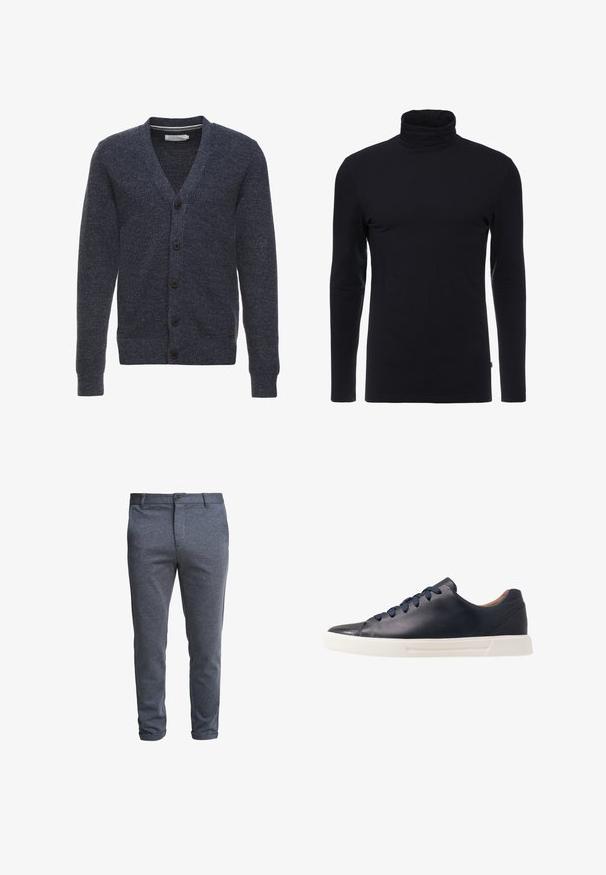 Marineblauwe cardigan van een gestructureerde stof, met een V-hals, lange mouwen en vijf bruine knopen aan de voorkant.; Zwarte lange mouw turtleneck shirt gemaakt van zachte, rekbare stof. Heeft een aansluitend ontwerp en een gladde textuur. Geen zichtbare patronen of accenten.; Donkergrijze, slim-fit herenbroek met knoopsluiting en riemlussen, weergegeven tegen een witte achtergrond.; Marineblauwe leren sneakers met een gladde afwerking, platte witte rubberen zool, ronde neus en zes marineblauwe veters die door ronde oogjes zijn geregen.