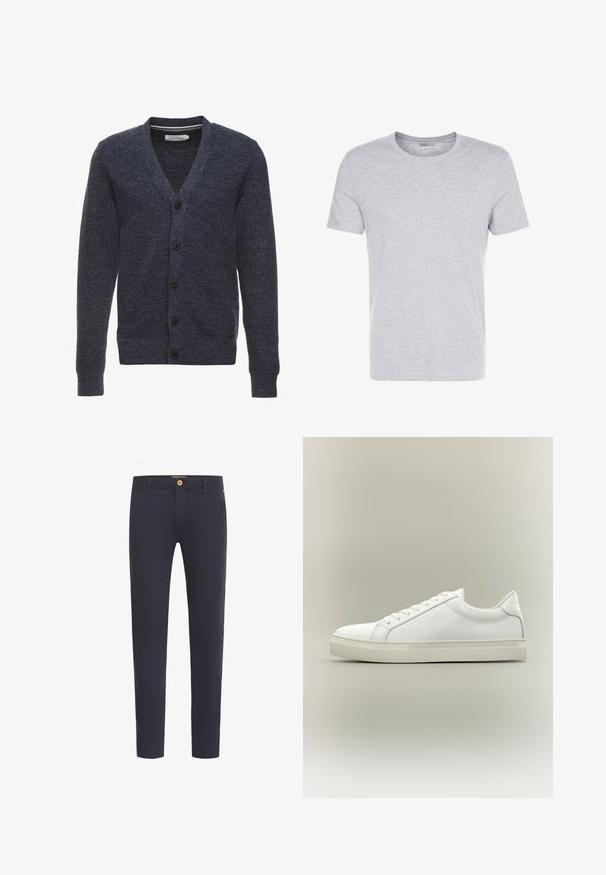 Marineblauer Cardigan aus strukturiertem Stoff, mit V-Ausschnitt, langen Ärmeln und fünf braunen Knöpfen auf der Vorderseite.; Graues Baumwoll-T-Shirt mit Rundhalsausschnitt, kurzärmlig und schlichtem Design, das eine weiche, glatte Textur aufweist und keine sichtbaren Muster oder Verzierungen hat.; Marineblaue Hosen aus glattem Stoff, mit regulärer Passform, Fünf-Taschen-Design und einer vorderen Knopfschließe.; Weißer Sneaker mit niedrigem Schaft, vorn mit Schnürung und dicker Sohle, aus der Seitenansicht vor neutralem Hintergrund.