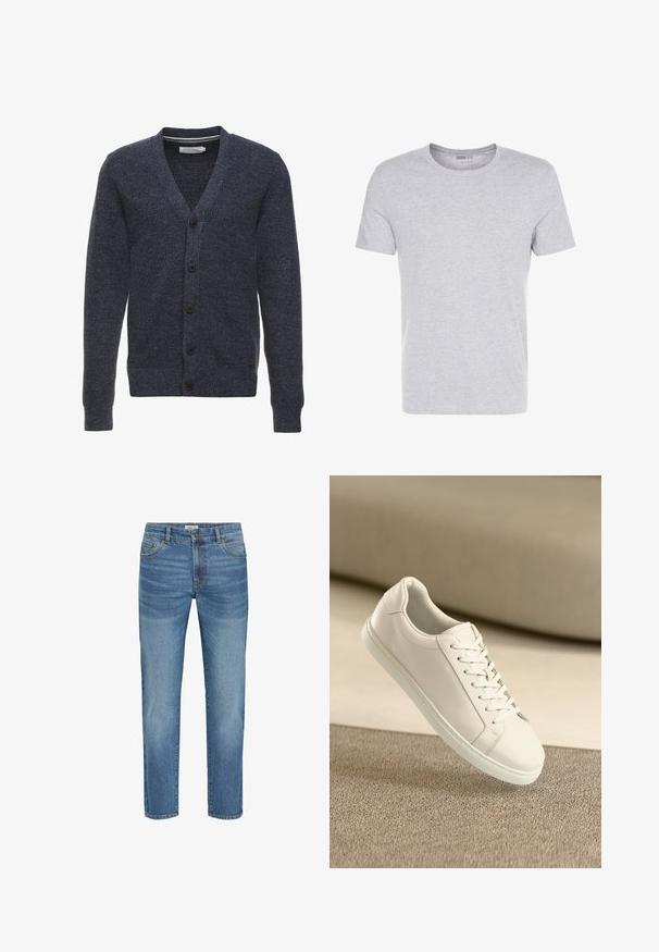 Cardigan bleu marine en tissu texturé, avec un col en V, des manches longues et cinq boutons marron à l'avant.; T-shirt en coton gris avec un col rond, des manches courtes et un design sobre, offrant une texture douce et lisse sans motifs ni embellissements visibles.; Jean en denim bleu clair avec un design classique à jambe droite, comportant cinq poches, une fermeture à bouton en métal et un léger décoloration sur le tissu.; Baskets en cuir blanc avec des lacets blancs, exposées sur une surface beige texturée et avec un arrière-plan flou doux.