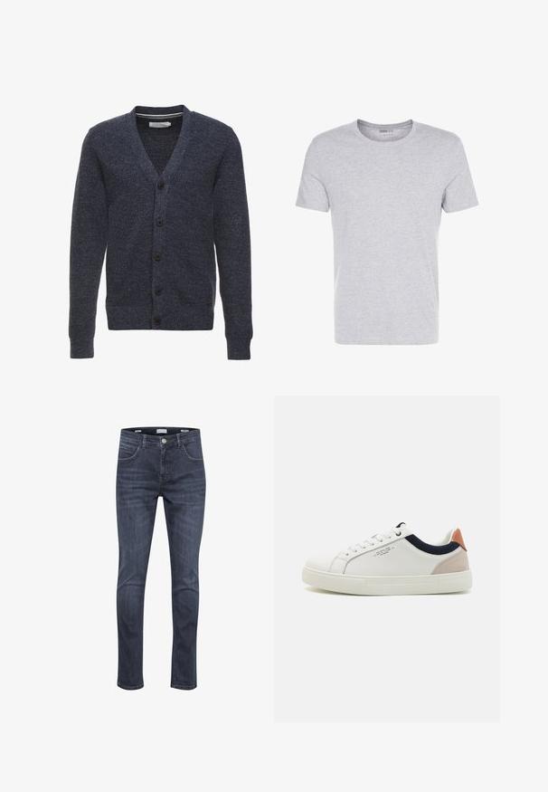 Mørkeblå cardigan lavet af tekstureret stof, med V-hals, lange ærmer og fem brune knapper foran.; Grå bomulds T-shirt med rund hals, korte ærmer og et enkelt design, som har en blød, glat tekstur uden synlige mønstre eller udsmykninger.; Mørkeblå denimjeans med slim fit, der har fem lommer, lys syning og en klassisk lynlås med knaplukning.; Hvide lædersneakers med low-top design, marineblå stofdetalje på kraven og en lys lyserød suede hælflap. Gummisål.