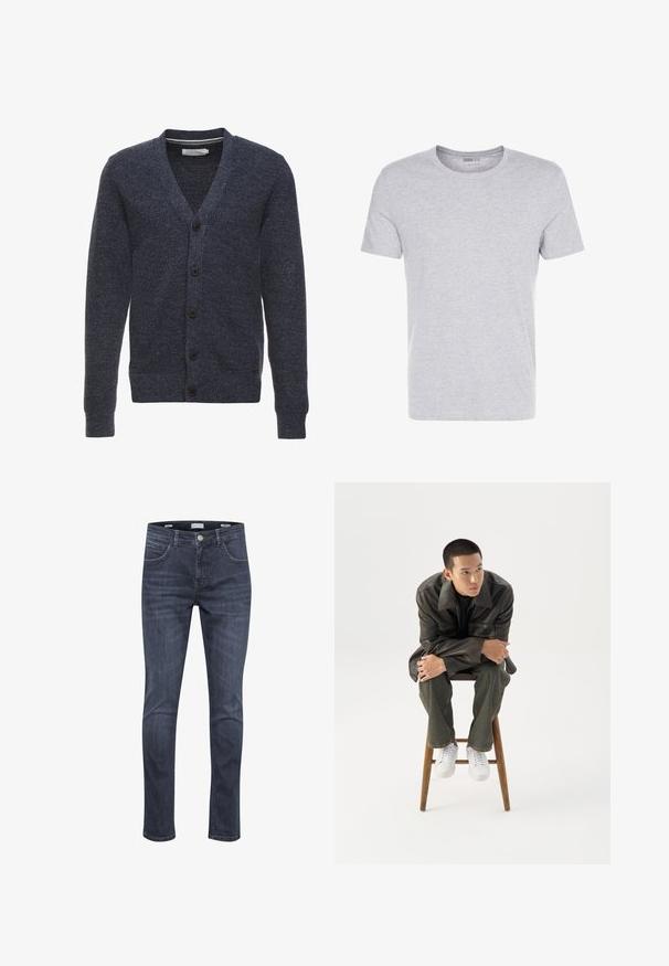 Marineblauer Cardigan aus strukturiertem Stoff, mit V-Ausschnitt, langen Ärmeln und fünf braunen Knöpfen auf der Vorderseite.; Graues Baumwoll-T-Shirt mit Rundhalsausschnitt, kurzärmlig und schlichtem Design, das eine weiche, glatte Textur aufweist und keine sichtbaren Muster oder Verzierungen hat.; Dunkelblaue Denim-Jeans mit schlankem Schnitt, ausgestattet mit fünf Taschen, hellen Nähten und einem klassischen Reißverschluss mit Knopfverschluss.; Junger Mann in dunkler Lederjacke und Jeans sitzt auf einem Holzstuhl, lehnt sich mit verschränkten Armen nach vorne und schaut seitlich vor weißem Hintergrund.
