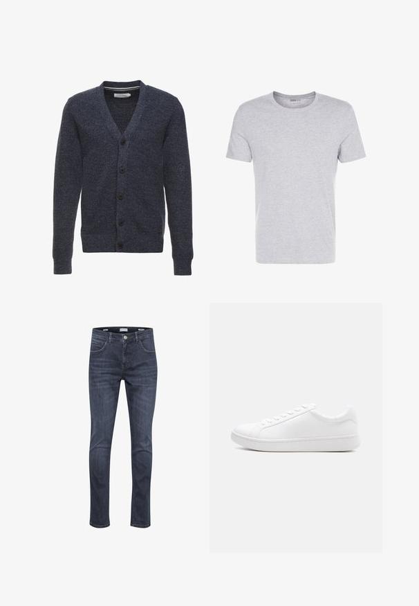 Cárdigan azul marino hecho de una tela texturizada, con cuello en V, mangas largas y cinco botones marrones a lo largo del frente.; Camiseta de algodón gris con cuello redondo, mangas cortas y un diseño liso, que presenta una textura suave y lisa, sin patrones ni adornos visibles.; Jeans de denim azul oscuro con un ajuste slim, que cuentan con cinco bolsillos, costuras claras y un clásico cierre con cremallera y botón.; Zapatilla blanca de cuero liso con cierre de cordones, diseño bajo y suela gruesa de caucho, vista lateral sobre un fondo liso.