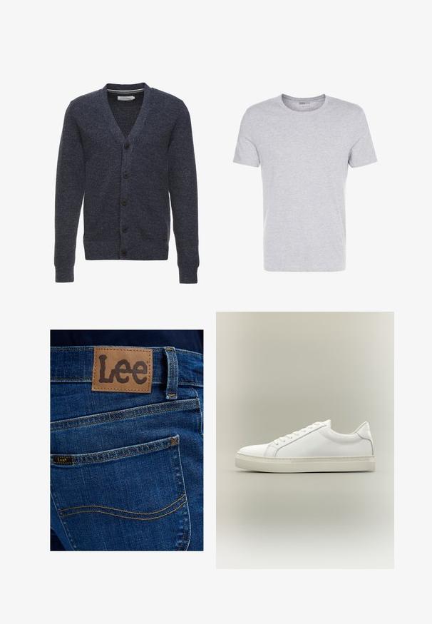 Marineblauwe cardigan van een gestructureerde stof, met een V-hals, lange mouwen en vijf bruine knopen aan de voorkant.; Grijze katoenen t-shirt met een ronde hals, korte mouwen en een eenvoudige uitstraling, met een zachte, gladde textuur en zonder zichtbare patronen of versieringen.; Achteraanzicht van blauwe spijkerbroek met een bruine leren patch en een klein stoffen label, beiden met de merknaam Lee boven de achterzak.; Witte lage sneaker met veters aan de voorkant en dikke zool, zijaanzicht tegen een neutrale achtergrond.